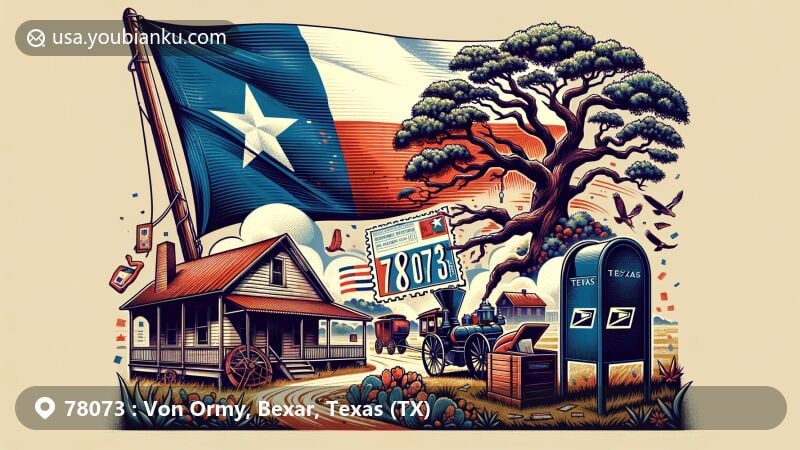Modern illustration of Von Ormy, Texas, featuring ZIP code 78073, Texas state flag, traditional mailbox, airmail envelope, postage stamp with 'Santa Anna Oak' tree. Captures historical significance and postal culture.