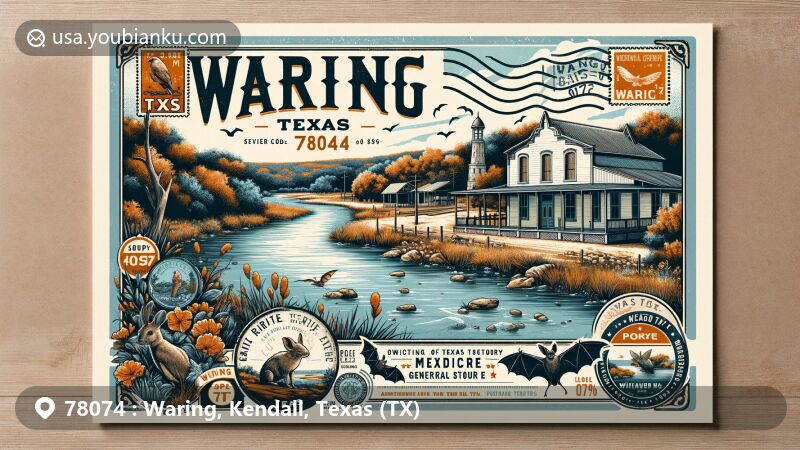 Modern illustration of Waring, Texas, highlighting the Guadalupe River, Waring General Store, and local wildlife like Mexican free-tail bats, capturing the town's heritage and natural beauty in the Texas Hill Country.