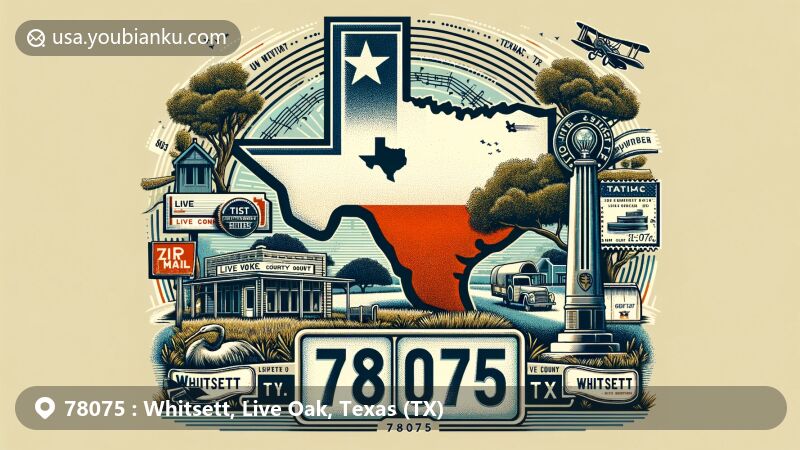 Modern illustration of Whitsett, Live Oak County, Texas, featuring Texas state flag, Live Oak County silhouette, Whitsett historical marker, and postal elements like vintage air mail envelope and stamp with ZIP code 78075, highlighting area's history and natural beauty.