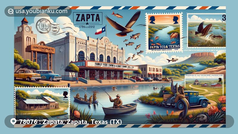 Modern illustration of Zapata, Texas, capturing postal theme with Rialto Theater, Family Fish Farm, Falcon International Reservoir, and Santa Margarita Ranch, framed within vintage air mail envelope.