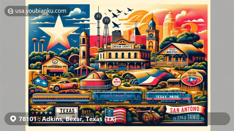 Modern illustration of the Adkins community in Bexar County, Texas, with ZIP code 78101, featuring regional characteristics, vintage train symbolizing its railway origins, Texas Pride Barbecue landmark, state flag, postal envelope, and natural landscape elements.