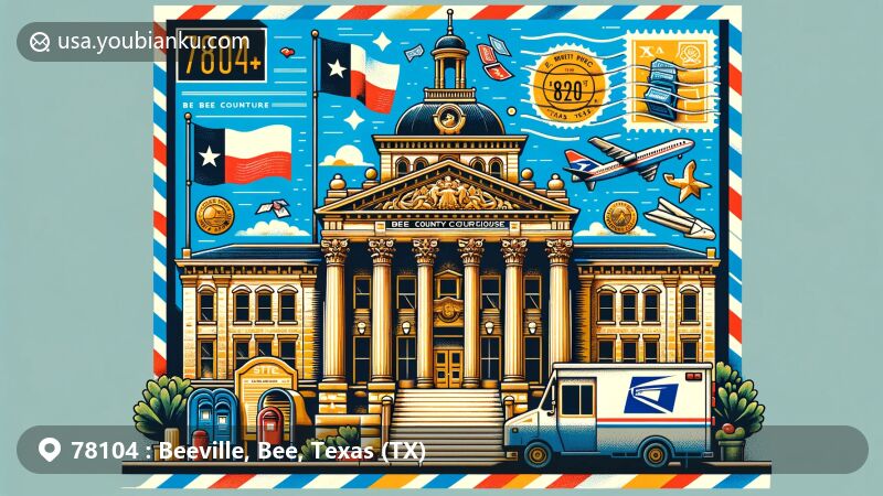 Modern illustration of Bee County Courthouse in Beeville, Texas, showcasing Classical Revival architecture and Texas flag, integrated with postal elements representing ZIP code 78104.