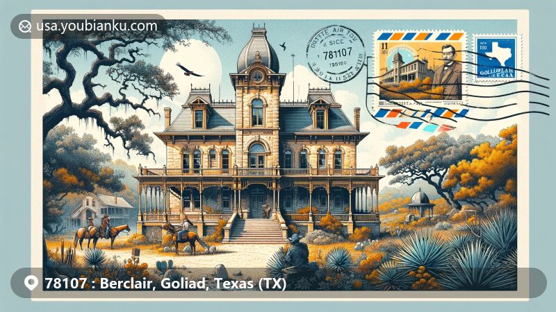 Modern illustration of Berclair Mansion in Goliad, Texas, highlighting steel-strand construction and European antiques, surrounded by local flora and fauna, including live oak trees and native wildlife. Vintage airmail envelope with ZIP code 78107 and stamp of Presidio La Bahia.