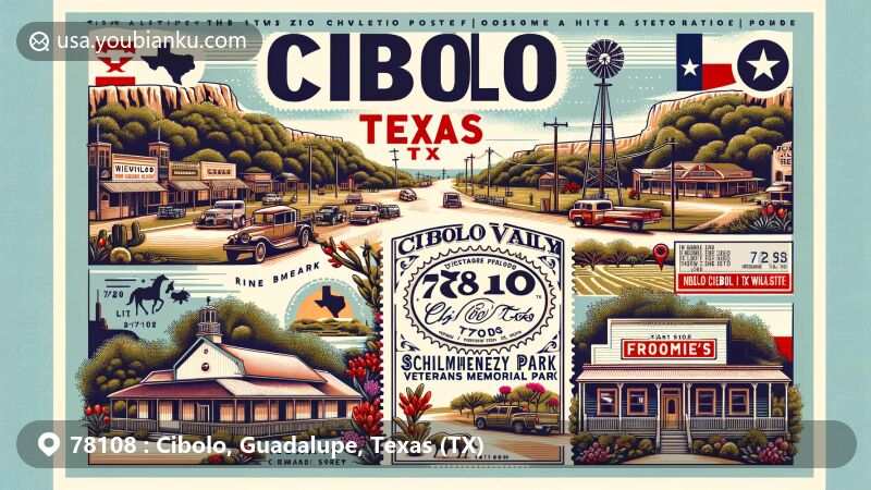 Modern illustration of Cibolo, Texas, showcasing landmarks like Cibolo Valley Ranch, Niemietz Park, Schlather Park, Veterans Memorial Park, and historic Fromme's Store on Main Street. Includes elements of Texas culture and vintage postcard design with state flag and local flora.