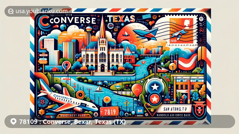 Modern illustration of Converse, Texas, featuring Converse Light Show, Woodcrest Park, Randolph Air Force Base, and postal heritage, with ZIP code 78109, integrated into an envelope design capturing energy and vibrancy.