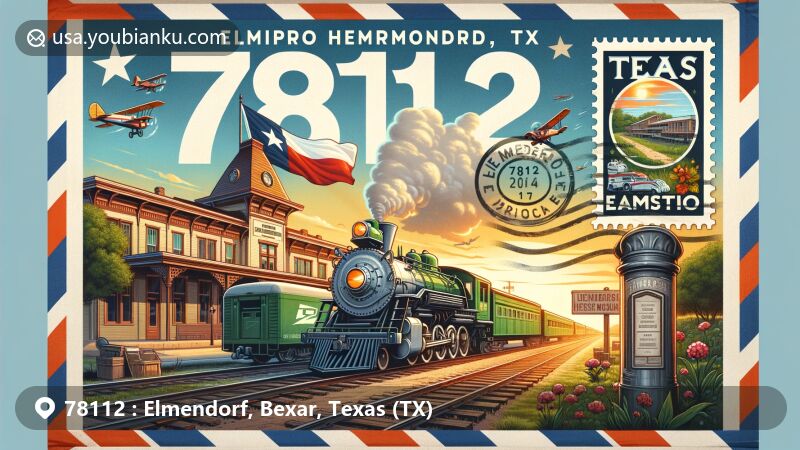 Modern illustration of Elmendorf, Bexar County, Texas (TX), highlighting railway heritage and Texas symbols, with vintage airmail envelope showcasing ZIP code 78112.