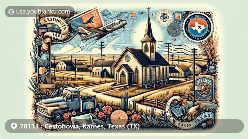 Modern illustration of Cestohowa, Karnes, Texas (TX), highlighting Nativity of the Blessed Virgin Mary Church and postal theme with vintage air mail elements and ZIP code 78113.