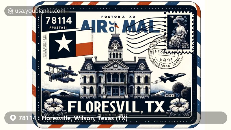 Modern illustration of an airmail envelope featuring Floresville, Texas, with the postal code 78114, the Texas state flag, Wilson County silhouette, and the 1884 Italianate courthouse.