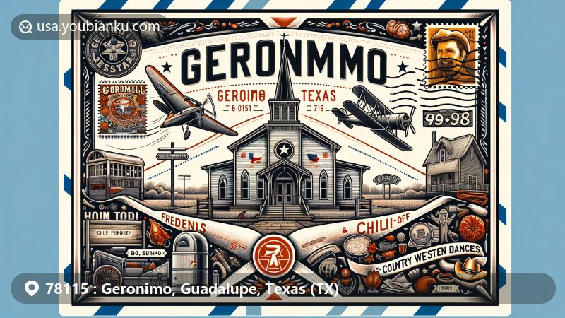 Modern illustration of Geronimo, Texas, showcasing historical and cultural heritage with vintage airmail envelope featuring Friedens United Church of Christ, BBQ & Chili Cook-Offs, and ZIP code 78115.