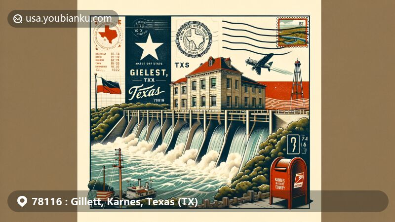 Modern illustration of Gillett, Karnes County, Texas, inspired by the ZIP code 78116, featuring the iconic Old Riedel Dam in a vintage postcard style with Texas state flag, Karnes County outline, and postal motifs.