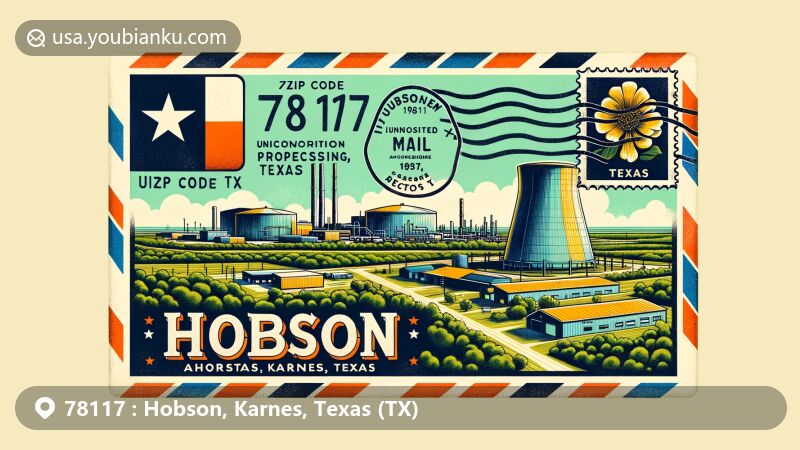 Vintage-style illustration of Hobson, Karnes County, Texas, featuring air mail envelope with uranium plant, rural landscape, Texas state flag, and postmark 'Hobson, TX 78117', and a postcard of Texas countryside.