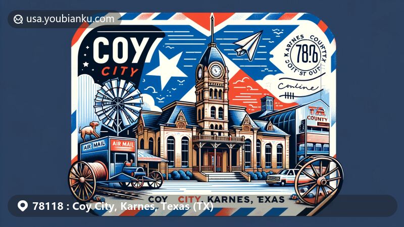 Modern illustration of Coy City, Karnes County, Texas, with ZIP code 78118, featuring Karnes County Courthouse, Baptist church, and Texas state symbols.