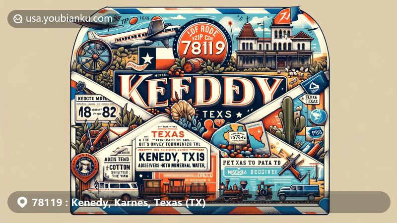 Modern illustration of Kenedy, Texas, in ZIP code 78119, showcasing postal theme with vintage airmail envelope and town's historical and cultural landmarks like the Kenedy Marker, Alien Detention Camp, and Texas economic symbols.