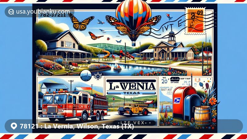 Modern illustration of La Vernia, Texas, showcasing the town's charm and attractions with postal themes, including La Vernia City Park and Heritage Museum, blended with vintage postcard elements.
