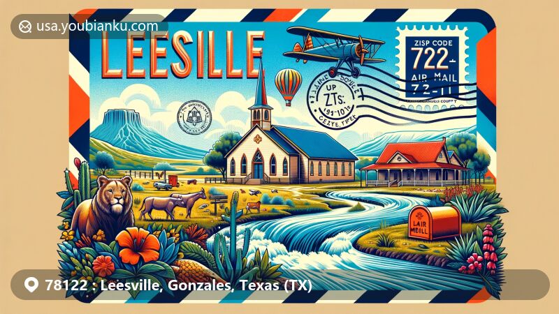 Modern illustration of Leesville, Gonzales County, Texas, featuring ZIP code 78122, Leesville Baptist Church, Capote Hills, and Sandies Creek. Design incorporates Texas wildlife and flora in an air mail envelope, symbolizing postal connection. Bright color palette accentuates area's charm.