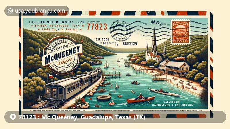 Modern illustration of McQueeney area, Guadalupe County, Texas, featuring Lake McQueeney, Guadalupe River, and elements reflecting German settlers, Galveston, Harrisburg & San Antonio railroad, with vintage air mail envelope overlay, postal theme, and ZIP code 78123.