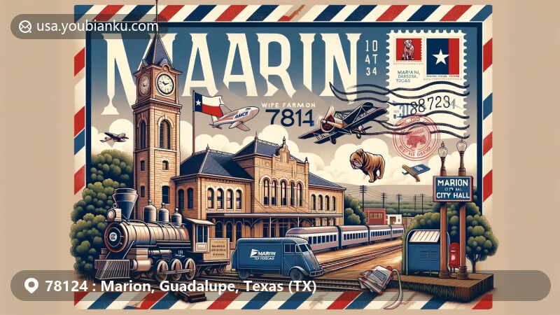 Modern illustration of Marion, Guadalupe, Texas (TX), showcasing Marion City Hall, railway elements, airmail envelope with ZIP Code 78124, Texas state flag, and Marion Bulldogs emblem.
