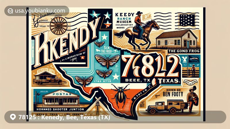 Modern illustration of Kenedy, Bee County, Texas, featuring ZIP code 78125 and Kenedy Ranch Museum, 'Six Shooter Junction' nickname, Texas state flag, New Deal Art Mural, and 'Horned Frog Capital' elements.