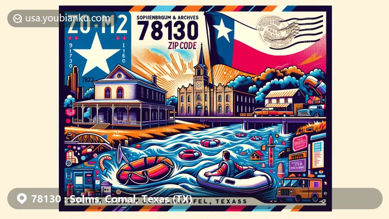 Modern illustration of Solms, Comal, Texas, depicting ZIP code 78130 with Sophienburg Museum & Archives and Comal River, showcasing German heritage and recreational activities, featuring Texas state flag and postal elements.