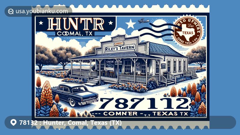 Modern illustration of Hunter, Comal, Texas, portraying Riley’s Tavern as a historical landmark with vintage car and Texas bluebonnet, featuring postal theme and Texas state outline.