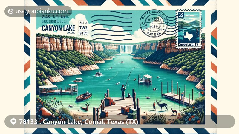 Modern illustration of Canyon Lake, Comal County, Texas, blending postal and regional symbols, featuring aqua-blue waters, Canyon Lake Gorge, fishing dock, local wildlife, and vintage airmail envelope with ZIP code 78133.