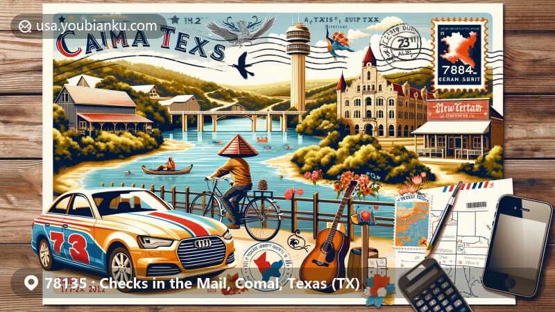 Modern illustration of Comal County, Texas, depicting postal theme with ZIP code 78135, showcasing the Comal River, German architecture, outdoor adventure, and vibrant cultural scene.