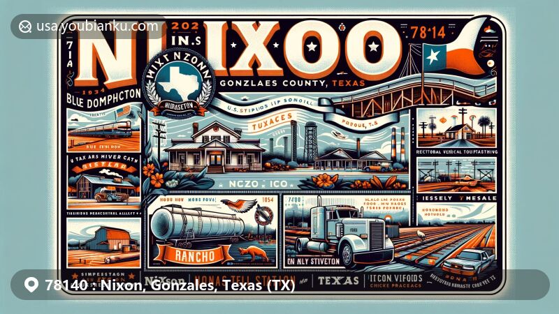 Modern illustration of Nixon, Gonzales County, Texas, representing ZIP code 78140, featuring historical plantation land, rail station, Blue Dolphin Energy Company refinery, Holmes Foods chicken processing, and 'Rancho' cattle ranching roots.