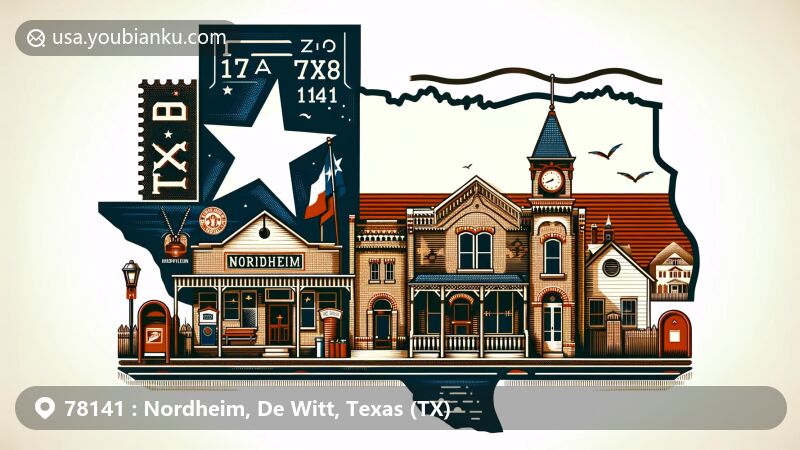 Modern illustration of Nordheim, Texas, capturing the city's German heritage, small-town charm, and postal traditions with the Texas flag, brick buildings, American mailbox, and a stylized postal stamp featuring ZIP code 78141.