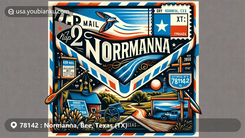 Modern illustration of Normanna, Bee County, Texas, featuring vintage air mail envelope with Texas flag, historical marker, and postal stamp for ZIP code 78142. Includes nods to Norwegian influences and local geography.