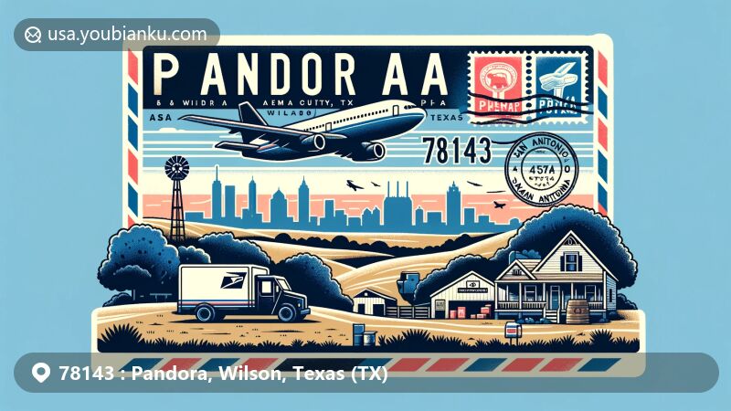 Modern illustration of Pandora, Wilson County, Texas, capturing small-town charm and rural landscape, featuring San Antonio Metropolitan Area connection with skyline silhouette. Postal theme with air mail envelope, local landmark stamps, and postal truck, highlighting ZIP code 78143.