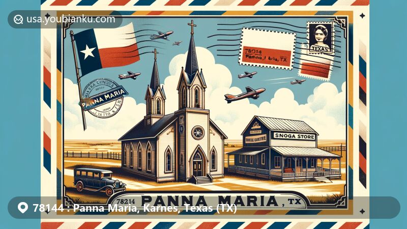Modern illustration of Panna Maria, Texas, featuring Immaculate Conception Church and Snoga Store, with elements of Polish heritage, against Texas landscape, designed as vintage postcard with airmail envelope border and Texas flag postage stamp.