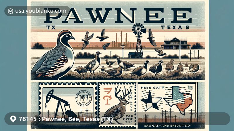 Modern illustration of Pawnee, Texas, in Bee County, highlighting local wildlife like doves, quails, and white-tail deer, rural landscape, and natural gas exploration and production, featuring vintage-style postage stamp with ZIP Code 78145 and silhouette of Texas.