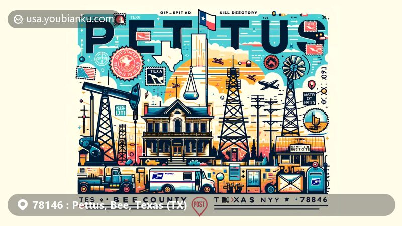 Modern illustration of Pettus, Bee County, Texas, featuring postal theme with ZIP code 78146, incorporating postcard elements, mail truck, and oil derricks.