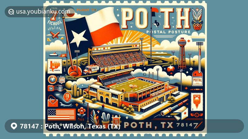 Creative illustration of Poth, Texas, showcasing postal theme with ZIP code 78147, featuring Jack Lane Stadium and Texas culture.