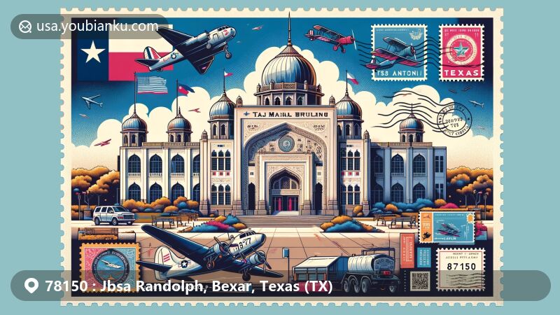 Modern illustration of the historic Taj Mahal building at Joint Base San Antonio-Randolph, Texas, featuring the Texas state flag and postal elements, including the ZIP code 78150 and vintage aircraft.