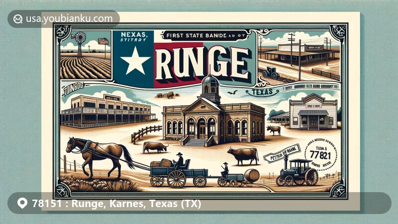 Modern illustration of Runge, Texas, in Karnes County, featuring vintage postcard design with First State Bank of Runge, ox-cart road symbol, agricultural and petroleum elements, and subtle Texas state flag.