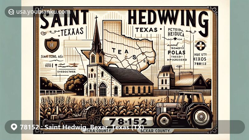 Modern illustration of Saint Hedwig, Texas, with ZIP code 78152, featuring vintage postcard design and symbols of Polish heritage and agricultural roots.