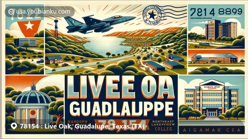 Modern illustration of Live Oak, Guadalupe County, Texas, showcasing postal theme with ZIP code 78154, featuring Randolph Air Force Base and Northeast Lakeview College.