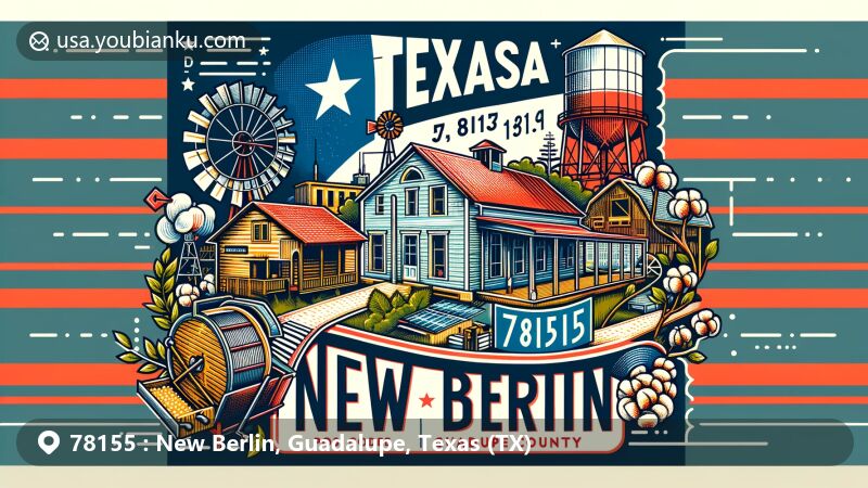 Modern illustration of New Berlin, Texas, in Guadalupe County, featuring state flag, county outline, and symbols of German heritage and rural character like vintage post office, gristmill, and cotton gin, along with mail elements and ZIP code 78155.
