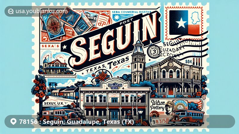 Modern illustration of Seguin, Texas, highlighting historical and cultural landmarks like Sebastopol House, Seguin Commercial Historic District, and Wilson Pottery story at Seguin-Guadalupe County Heritage Museum.