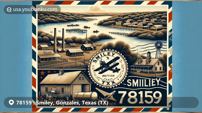 Modern illustration of Smiley, Gonzales County, Texas, capturing postal theme with ZIP code 78159, featuring historical landmarks, serene lake, and economic activities like horse breeding and cotton gin.