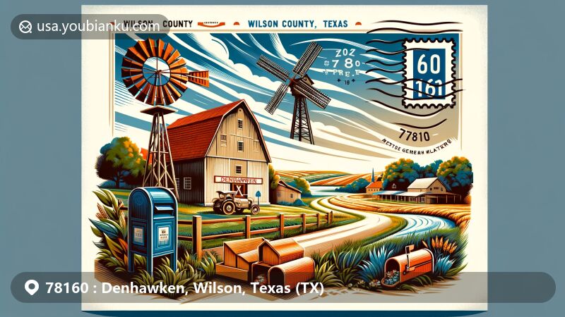 Modern illustration of Denhawken, Wilson County, Texas, showcasing agricultural and German heritage with a picturesque farm landscape and traditional mill under the Texas sky, featuring ZIP Code 78160, postcard design, and postal symbols.