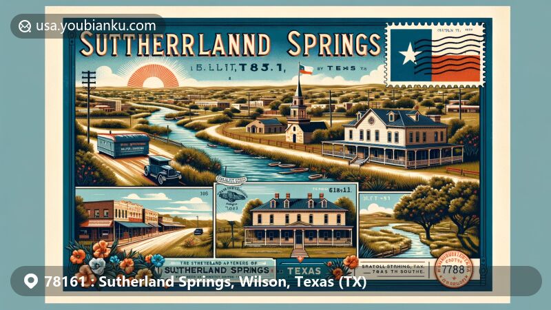 Vintage-style illustration of Sutherland Springs, Texas, featuring Cibolo Creek and 1850s architecture like Whitehall home, with Texas state flag stamp and ZIP code 78161.