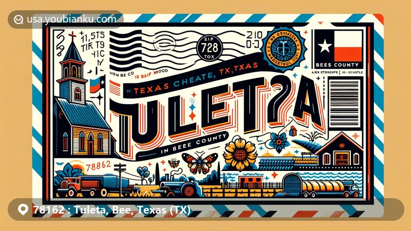 Modern illustration of Tuleta, Bee County, Texas, featuring postal theme with ZIP code 78162, showcasing Mennonite church, agricultural elements, Texas state flag, and Bee County outline.