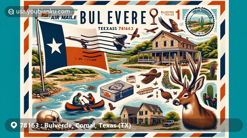 Modern illustration of Bulverde, Texas, depicting local wildlife, history, and outdoor activities, inspired by the area's 'Front Porch of the Texas Hill Country' identity.