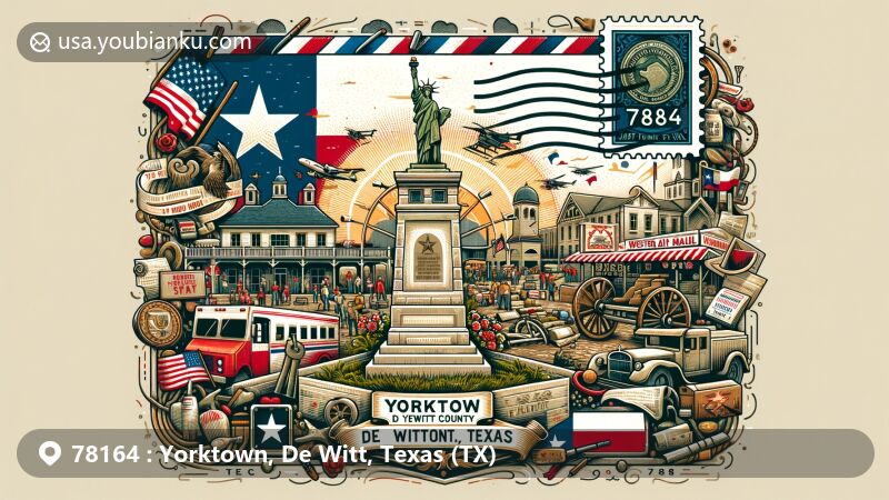 Modern illustration of Yorktown, De Witt County, Texas, highlighting DeWitt County Veterans Memorial, Texas state symbols, and elements of Yorktown's Western Days celebration, framed in a vintage airmail envelope with postal theme.