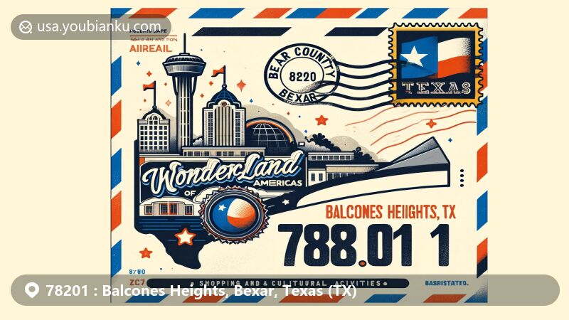 Modern illustration of Balcones Heights, Bexar, Texas, highlighting ZIP code 78201, featuring Wonderland of The Americas and Texas state flag.