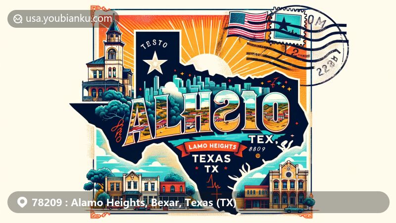 Charming illustration of Alamo Heights, Texas, with postal theme featuring ZIP code 78209, showcasing upscale residential community, University of the Incarnate Word, and Texas state flag.