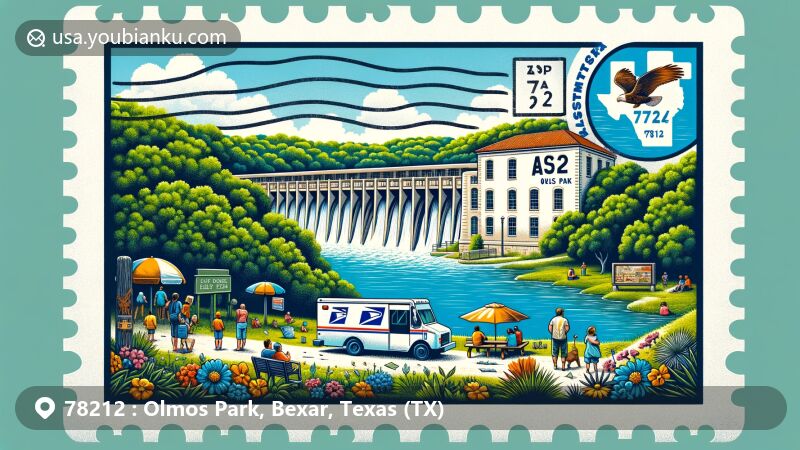 Modern illustration of Olmos Park area in Texas, showcasing ZIP code 78212, featuring lush park-like setting, iconic Olmos Dam, and community events like King Antonio party and 4th of July Parade.