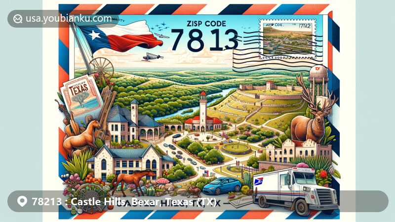 Modern illustration of Castle Hills, Bexar County, Texas, representing ZIP code 78213, showcasing diverse community, the Commons at Castle Hills, Texas landscapes, and integrated postal elements with airmail envelope, Texas state flag stamp, and 'Castle Hills, TX 78213' postmark.